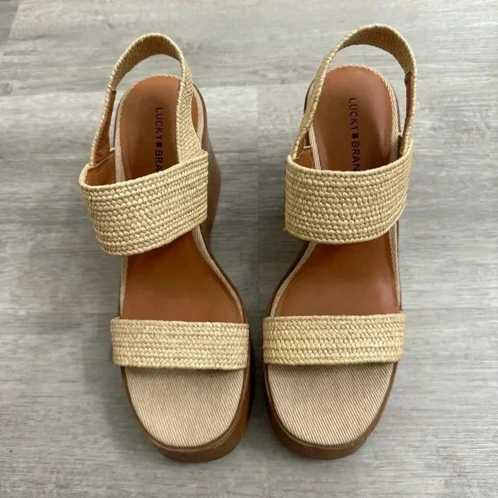 Lucky Brand cream and tan sandals with a wooden wedge heel #summer size 7.5